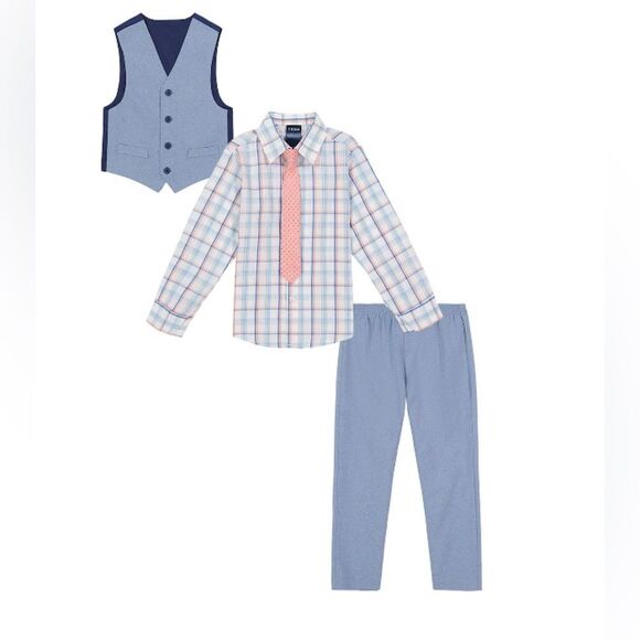 New Boy Izod 4-piece set Light Blue Plaid Vest Pants Plaid Shirt Tie Size 6 - Picture 2 of 8